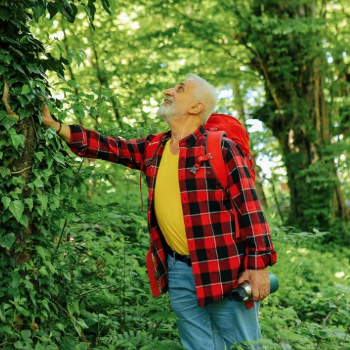 old man in the woods with trees